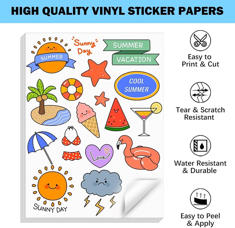 Aevdor 35 Sheets Premium Printable Vinyl Sticker Paper for Inkjet Printer, Glossy White Waterproof, Dries Quickly, Vivid Colors, Tear Resistant, 8.5x11 Inkjet Vinyl Sticker Paper Great for Cutting Machines - Image 2